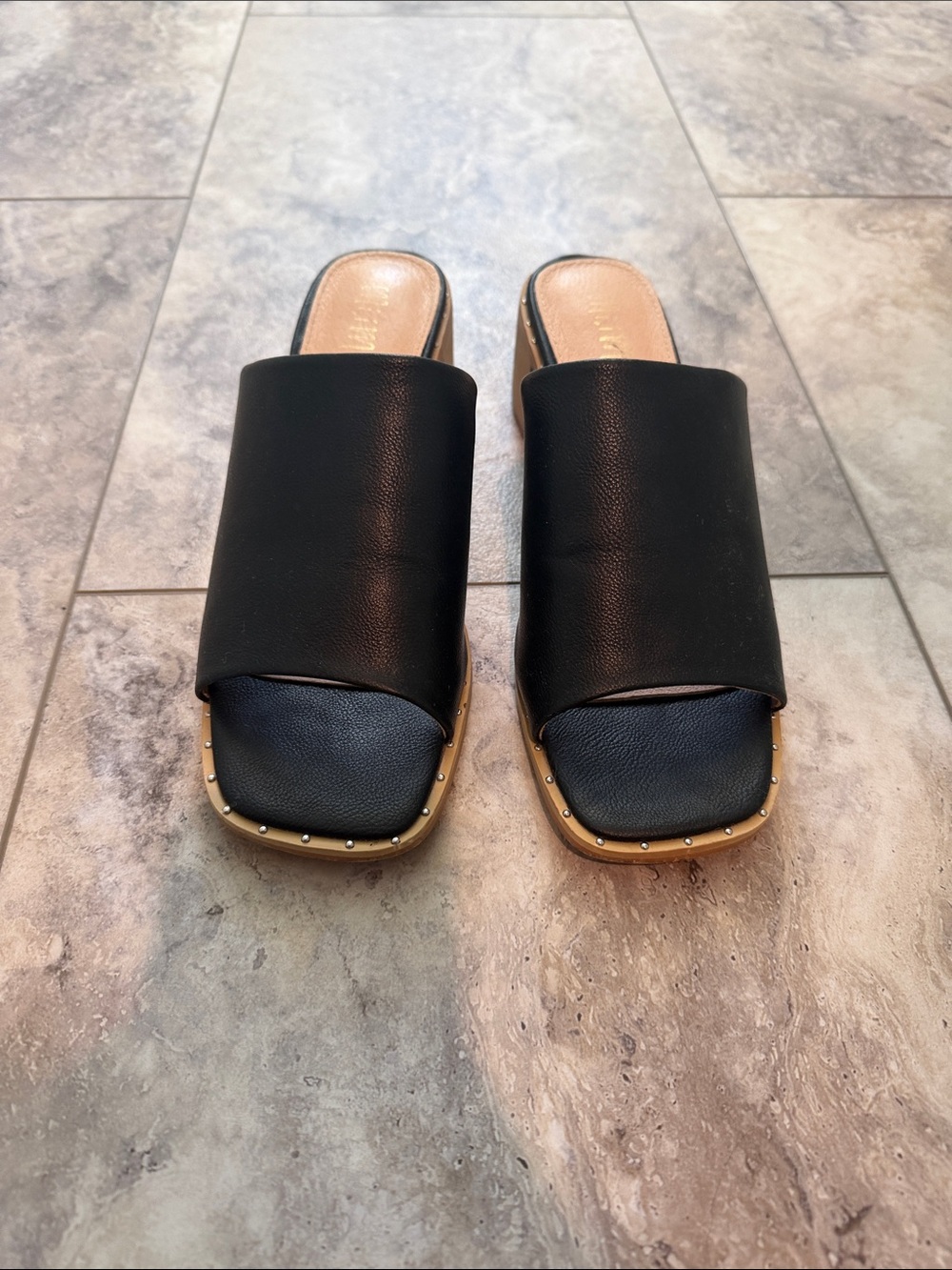 Mi.iM Black Slide Mules with Stud-Trimmed Tan Sole